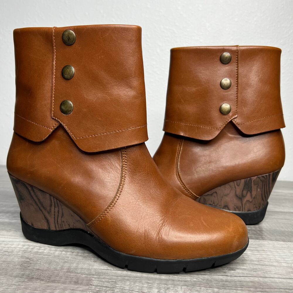 Sanita Maddox Fold Over Wedge Leather Booties Ankle Boot Faux Wood 38 US 7.5-8